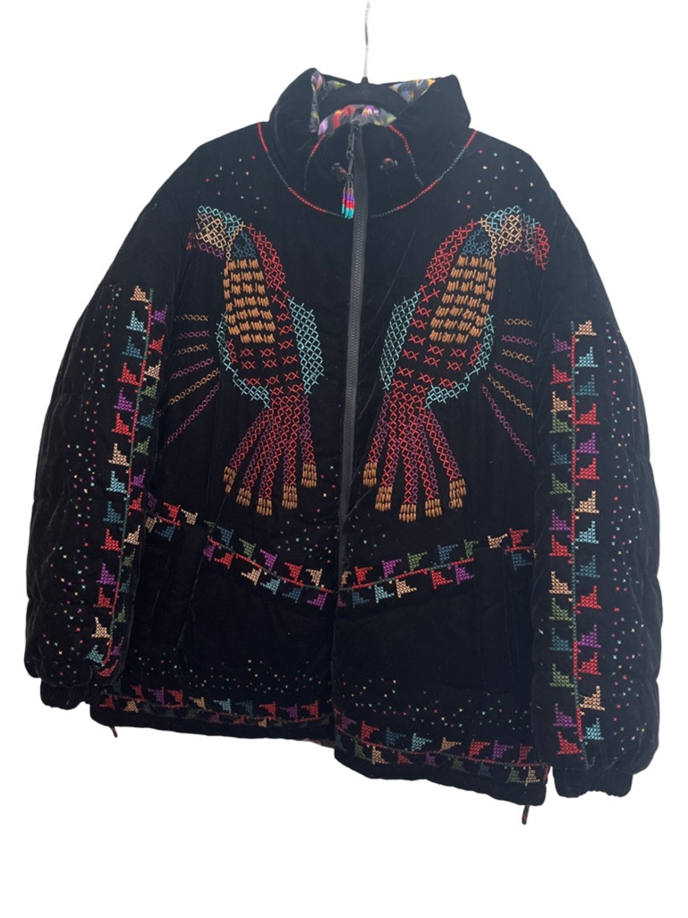 FARM Rio Black Velvet Puffer Jacket with Multicolor Leopard Lining - Picture 5 of 6
